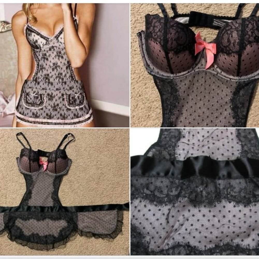NEW VICTORIA’S SECRET POLKADOT BOW MESH FRENCH MAID APRON LINGERIE 34B🖤
